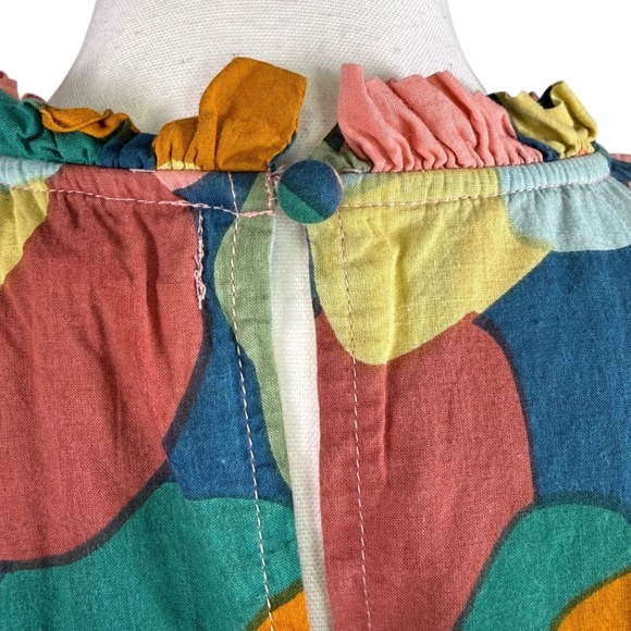 THML Abstract Geometric Flutter Sleeve Smocked Top Pom Pom Trim SRT1522-2-BL M - Picture 4 of 11